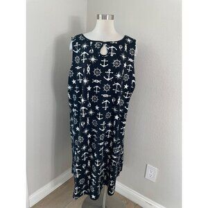 Quacker Factory Plus 3X Sleeveless Nautical Dress Black White Keyhole Neck Beach